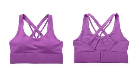 Front view and back view of purple sports bra isolated on white background Stock Photos