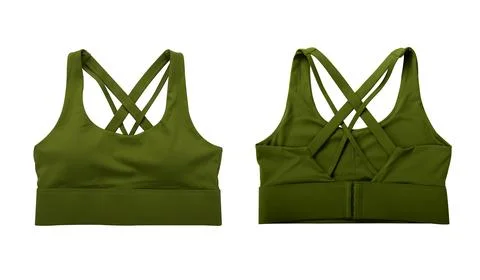 Front view and back view of army green sports bra isolated on white background Stock Photos