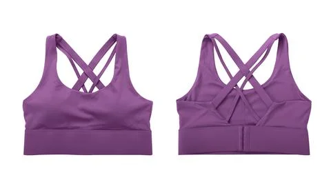 Front view and back view of dark purple sports bra isolated on white background Stock Photos