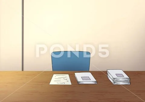 Front view of anime style Office Desk with chair and books and paper on table. Modello PSD