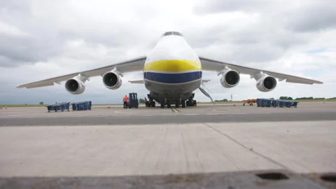 Front view antonov heavy cargo airlift plane Stock Footage 248034243