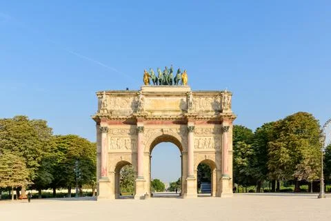 Front view of the Arc de Triomphe du Carrousel in Paris, France. Stock Photos