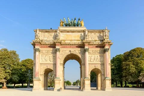 Front view of the Arc de Triomphe du Carrousel in Paris, France. Stock Photos