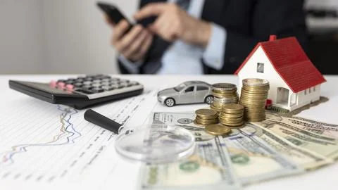 Front view arrangement economy elements. High quality beautiful photo concept Stock Photos