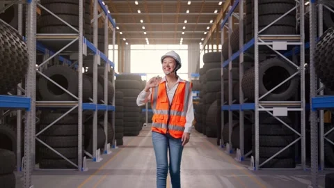 Front View of Asian Female Engineer Waving Hand Saying Bye While Walking at Stock Footage 341785279