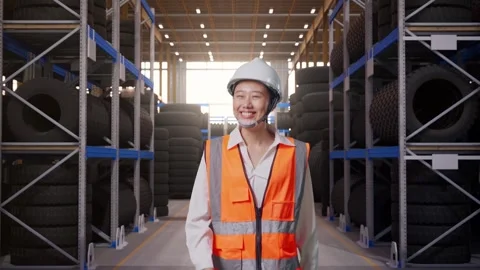 Front View of Asian Female Engineer Waving Hand Saying Bye While Walking at Stock Footage 341785385
