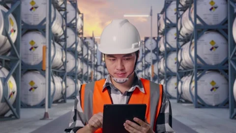 Front View of Asian Male Engineer Use Tablet While Walking with Chemical Tanks Stock Footage 340827277