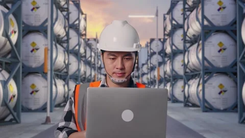 Front View of Asian Male Engineer Use Computer While Walking with Chemical Tanks Stock Footage 340827317