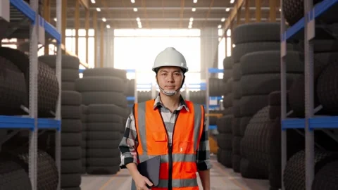 Front View of Asian Male Engineer Holding Tablet While Walking at Tire Warehouse Stock Footage 341784278