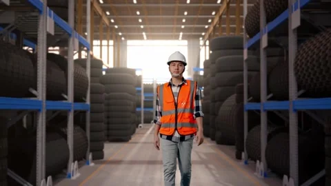 Front View of Asian Male Engineer Walking at Tire Warehouse 스톡 동영상 341784537