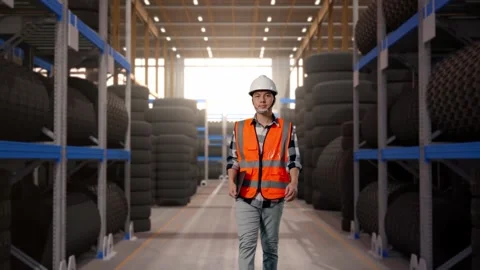 Front View of Asian Male Engineer Holding Tablet While Walking at Tire Warehouse Stock Footage 341784589