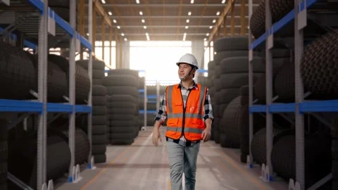 Front View of Asian Male Engineer Waving Hand Saying Bye While Walking at Tire Stock Footage 341784640