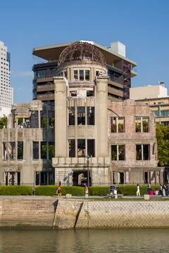 Front view of the Atomic Bomb Dome along the Motoyasu River in Hiroshima, Japan. Stock Photos