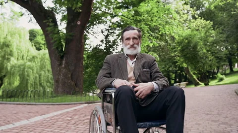 Front view of attractive respected bearded retired man in wheelchair which Stock Footage 133321819