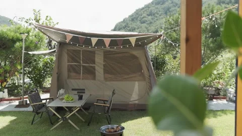 Front View of a Backyard Camping Tent Video stock 346533926