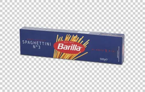 Front view of Barilla Spaghetti num 3 italian pasta on transparent background Stock Photos