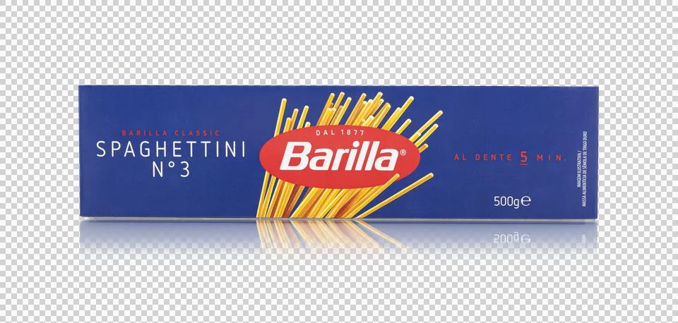 Front view of Barilla Spaghetti num 3 italian pasta on transparent background Stock Photos