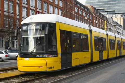Front view of Berlin yellow tramway Stock Photos