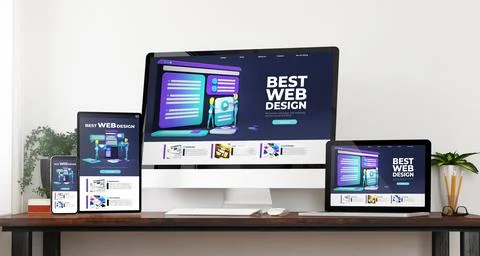 Front view best web design devices mockup Illustrazione stock