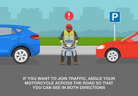 Front view of a biker standing between two parked cars. Illustrazione stock