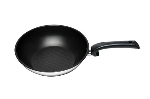 Front view of black and white frying pan isolated on white background Stock Photos