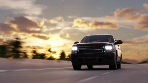 Front view of black car drives on the road Stock Footage 285927882
