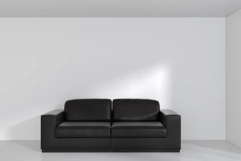 Front view of black leather sofa on gray wall background. 3d rendering Stock Illustration