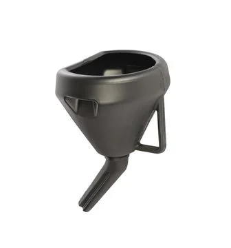 Front view of black plastic funnel for liquids isolated on white background Foto stock