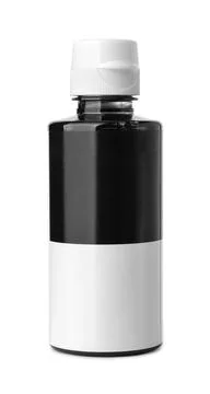 Front view of black printer ink bottle Front view of black printer ink bot... Stock Photos