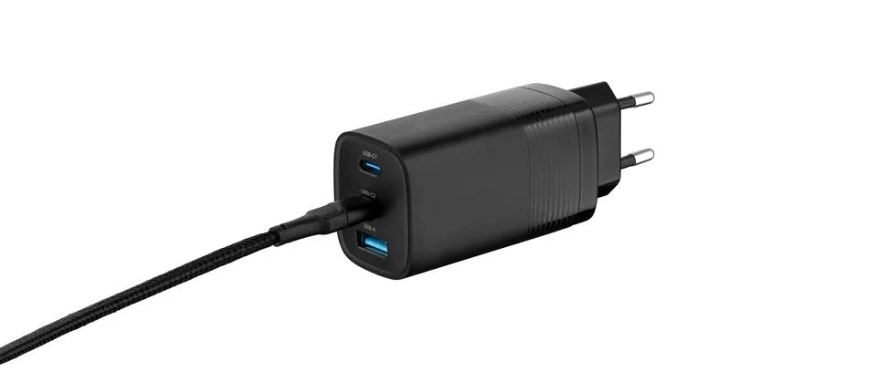 Front View of Black Triple USB Fast Charger Mockup Stock Photos