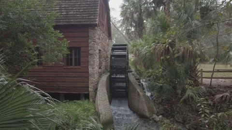 Front View of Black water mill and stone foundation building. Stock Footage 256047387