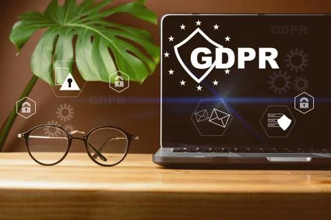 Front view of blank screen laptop, sign general data protection regulation GDPR Stock Photos