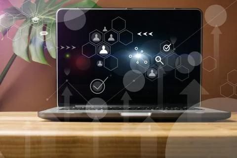 Front view of blank screen laptop with social media diagram Foto stock