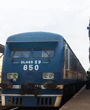 Front view of a blue Class S9 diesel locomotive stopped at a railway station Stock Photos