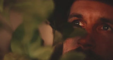 Front view of blurry plants with man in background looking at plants Stock Footage 203574816