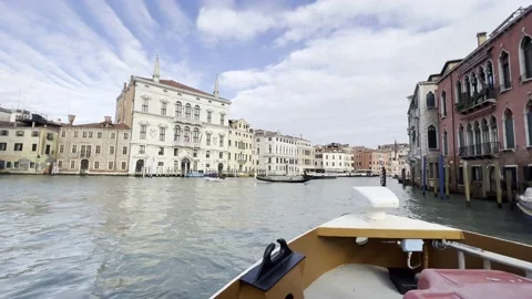 Front view of a boat browsing the Grand Canal in Venice. Italy Stock Footage 222517739