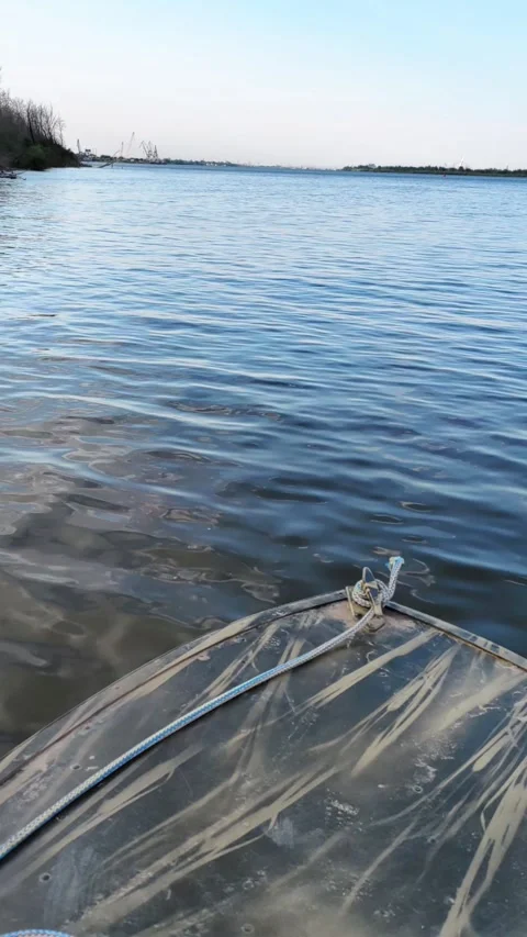 Front view of boat sailing through the waves boat on river. Stock Footage 333631299