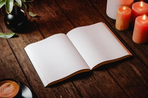 Front view book mock up with blank white screen on wooden rustic desk. 3d r.. Stock Illustration