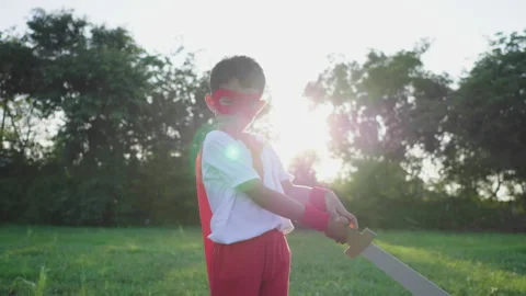 Front view of boy playing sword in the park with sunlight background Stock Footage 173355989