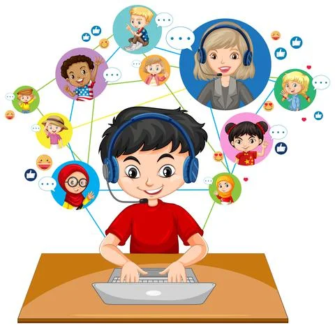 Front view of a boy using laptop for communicate video conference with teache Illustrazione stock