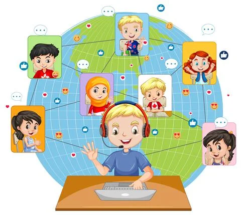 Front view of a boy using laptop for communicate video conference with friend Illustrazione stock