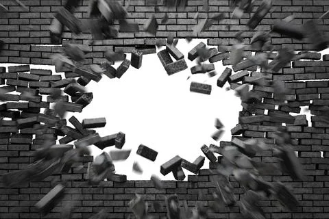 A front view of a broken gray brick wall, showing flying debris and bricks. E Stock Illustration