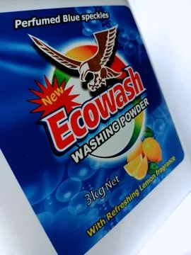 Front view of bucket of Ecowash washing powder. Stock Photos