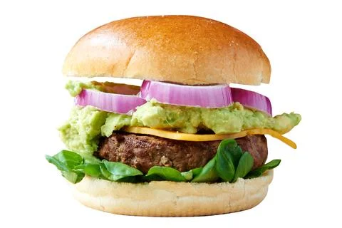 Front view of burger with Beef and guacamol. Stock Photos