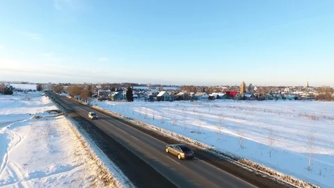Front view from car mounted camera when vehicle driving winter snowy forest road Stock-Footage 104576494