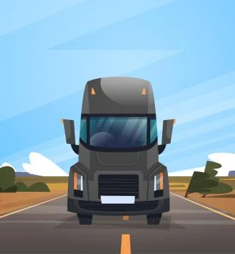 Front View Of Cargo Truck Trailer Driving On Coutryside Road Over Blue Sky Ilustração Stock