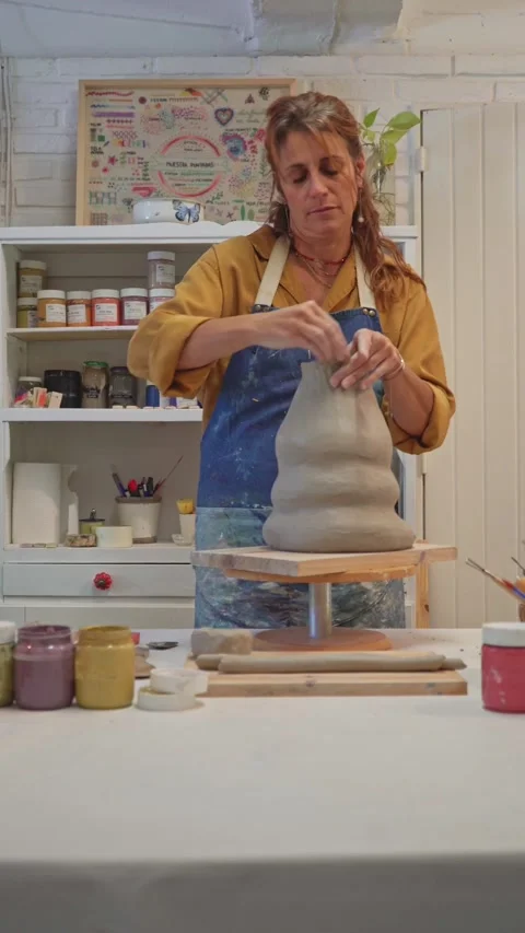 Front view of a ceramist immersed in creativity in her sutdio Video stock 306978224