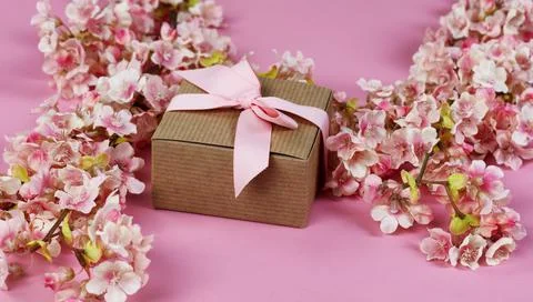 Front view of cherry blossoms and giftbox on a pink background Stock-Fotos