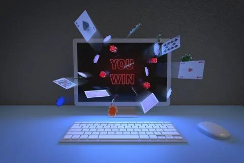 Front view of chips, cards and dice coming out of a computer monitor. Online Stock Illustration