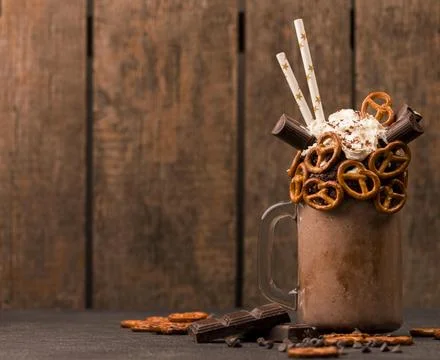 Front view chocolate milkshake with pretzels copy space Stock Photos